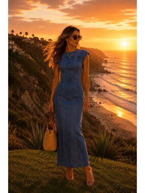 DALA Denim Open Back Column Dress Cornflower Size 26 US 4 New With Tags